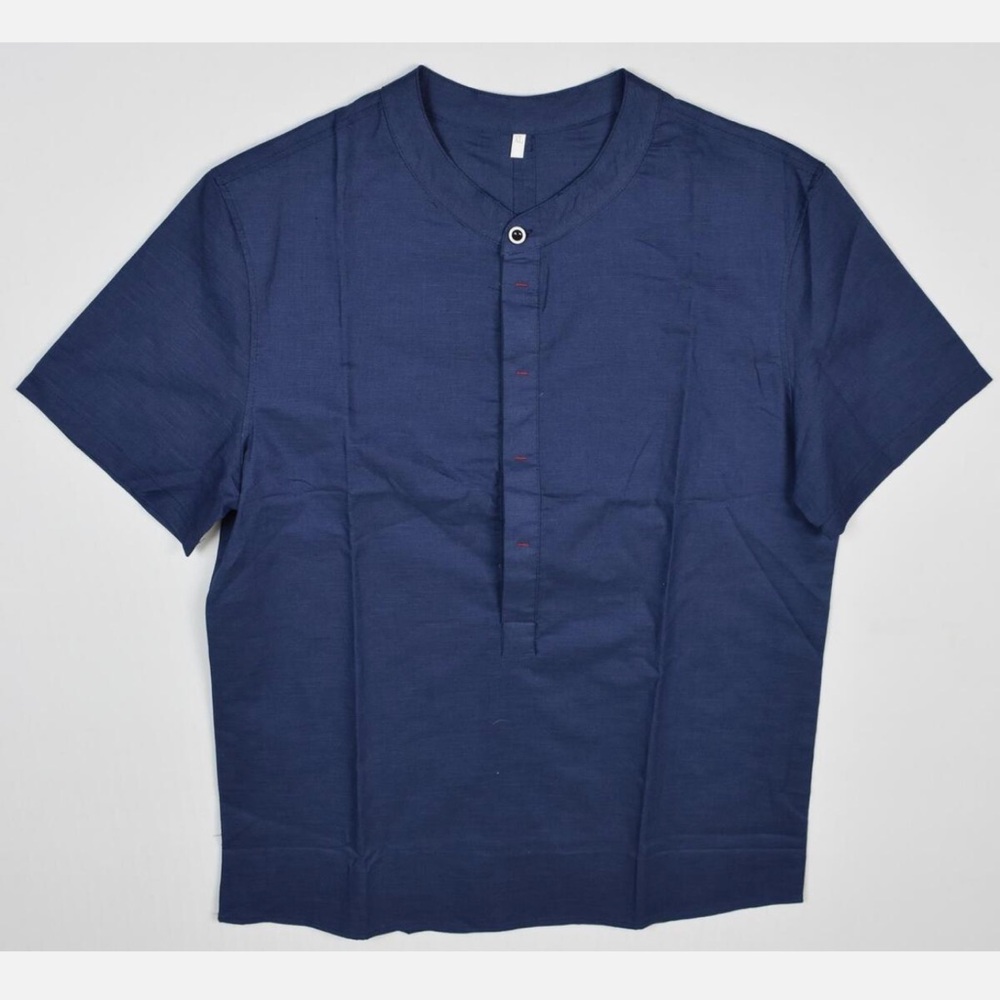LotX3 Bespoke Luxury Linen Cotton Collarless Men Short Sleeve Henley Shirt XL